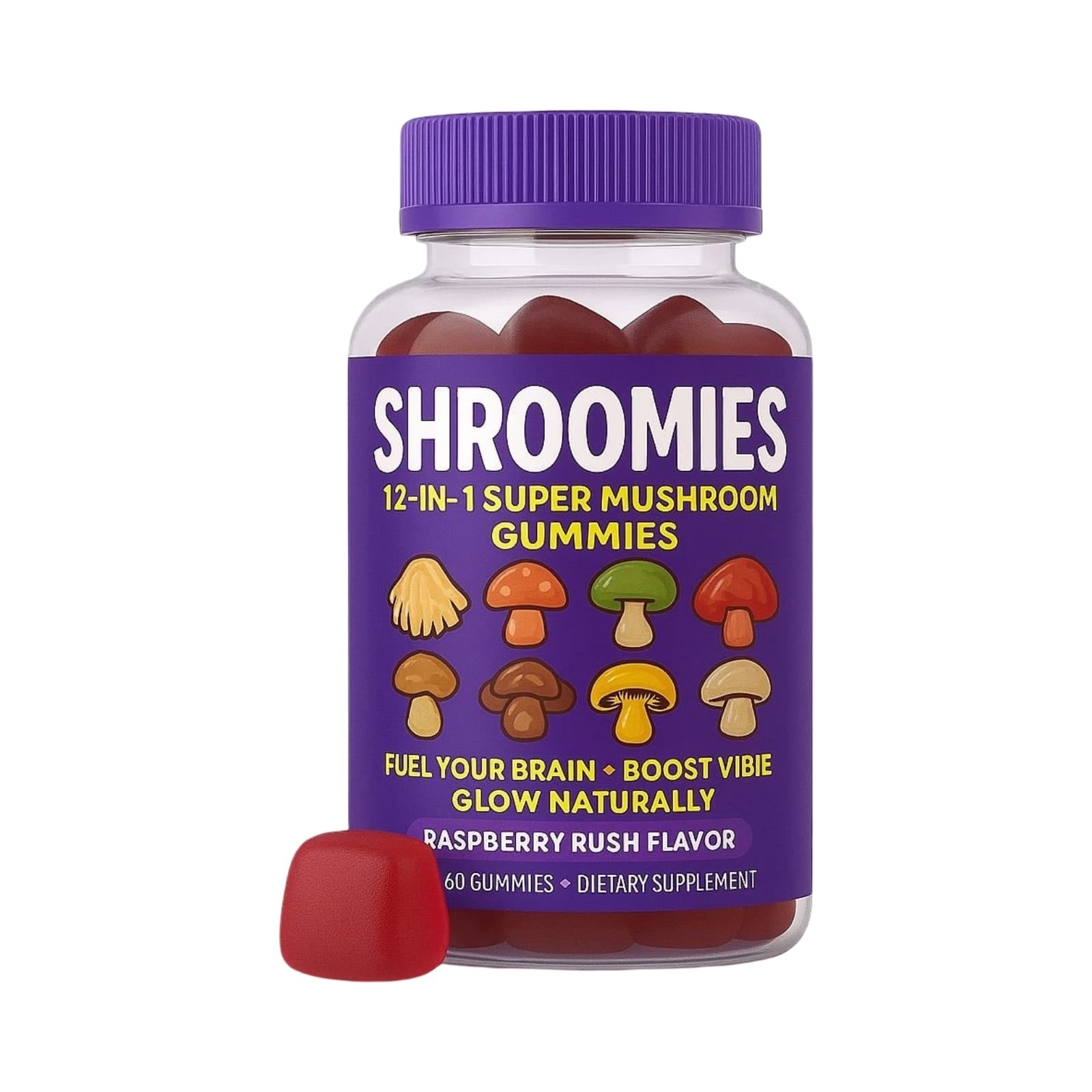 Shroomies 12-in-1 Super Mushroom Gummies Raspberry Rush Flavor - 60 Gummies Fuel Your Brain Boost Vibes Glow Naturally Dietary Supplement